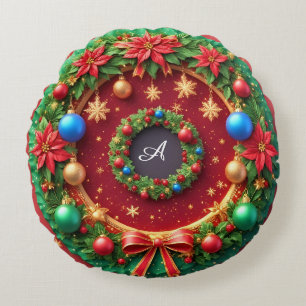 Coussins Ronds Couronne de Noël festive avec des poinsettias roug