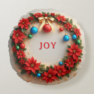 Coussins Ronds Couronne de Noël festive avec poinsettias rouges