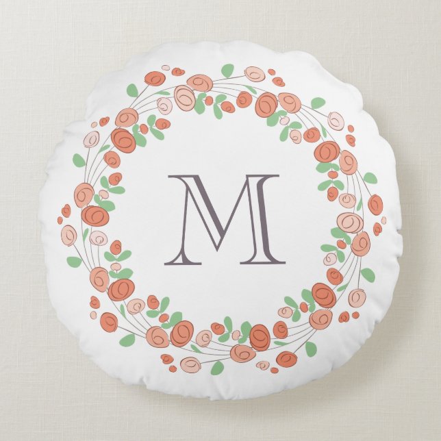 Coussins Ronds couronne de roses corail monogramme (Devant)