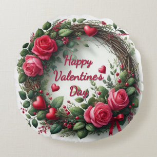 Coussins Ronds Couronne de roses rouges pour la Saint-Valentin Co