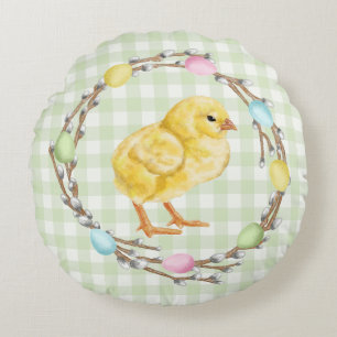 Coussins Ronds Couronne de saule de Pâques colorée avec poussin j