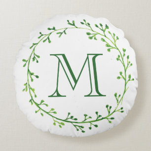 Coussins Ronds Couronne feuilletée verte Monogramme