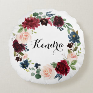 Coussins Ronds Couronne florale automnale aquarelle burgundy et b