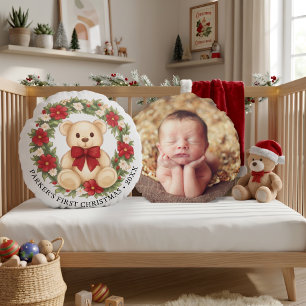 Coussins Ronds Couronne florale Ourson mignon pour le premier Noë