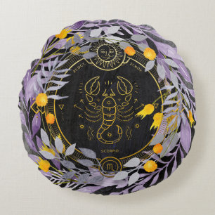 Coussins Ronds Couronne florale Scorpio avec symbole Zodiac
