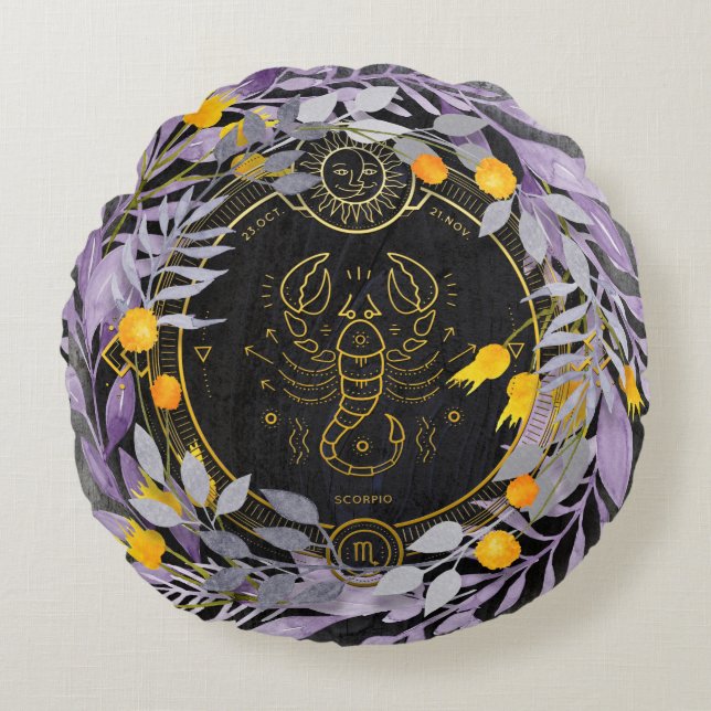 Coussins Ronds Couronne florale Scorpio avec symbole Zodiac (Devant)