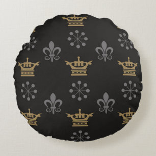 Coussins Ronds Couronnes d'or sur fond d'écran noir, motif transp