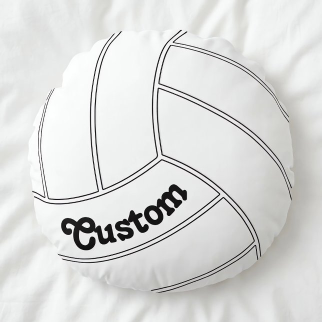 Coussins Ronds Coutume Volley-ball Arrondi Pillow Décoratif (Customizable round volleyball pillow on white duvet.)