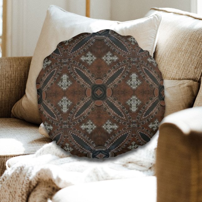 Coussins Ronds Cow-boy primitif pays de l'Ouest Cuir à outils (Primitive cowboy western country Tooled Leather Round Pillow)