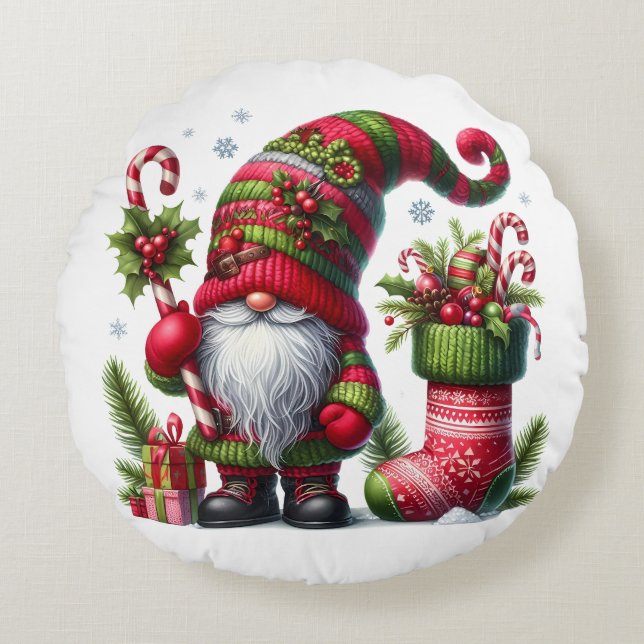 Coussins Ronds Cozy Christmas Gnome Art – Festive Holiday (Devant)
