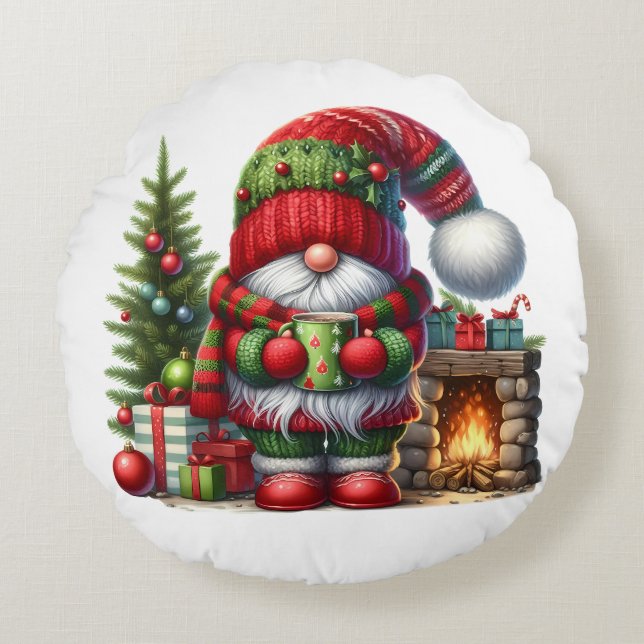 Coussins Ronds Cozy Christmas Gnome Art – Festive Holiday (Devant)
