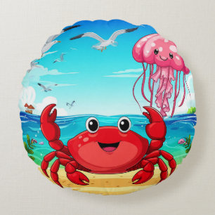 Coussins Ronds Crabe de dessin animé joyeux sur une plage vibrant