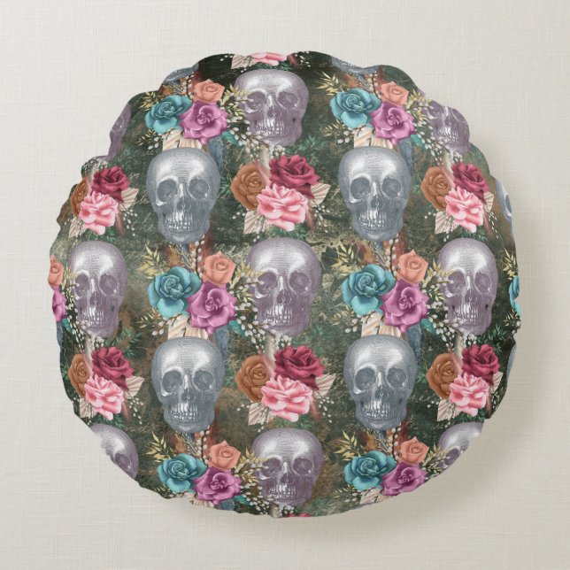 Coussins Ronds Crâne Boho avec fleurs (Devant)