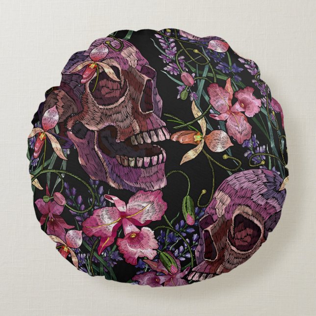 Coussins Ronds Crâne brodé : Motif gothique de l'orchidée (Devant)