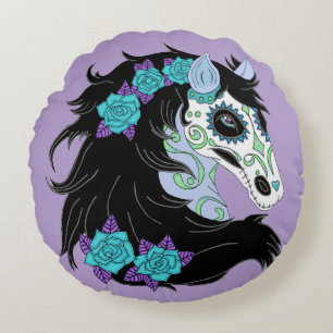 Coussins Ronds Crâne de cheval en sucre avec des roses turquoise