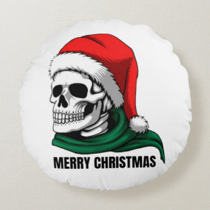 Coussins Ronds Crâne de Noël gothique avec chapeau de Père Noël –