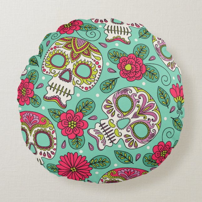 Coussins Ronds Crâne et fleurs mexicaines, sans soudure. (Devant)