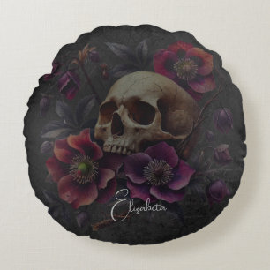 Coussins Ronds Crâne gothique lunatique avec fleurs
