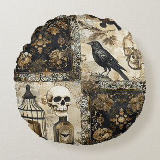 Coussins Ronds Crânes et oiseaux de Goth vintages