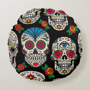 Coussins Ronds Crânes et Roses mexicains : Conception Vintage