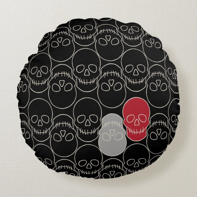 Coussins Ronds Crânes - Noir de chauve-souris et Blanc d'os (Devant)