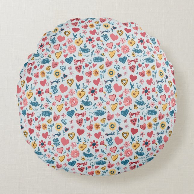 Coussins Ronds Crayon Pastel Coeur & Fleurs (Devant)