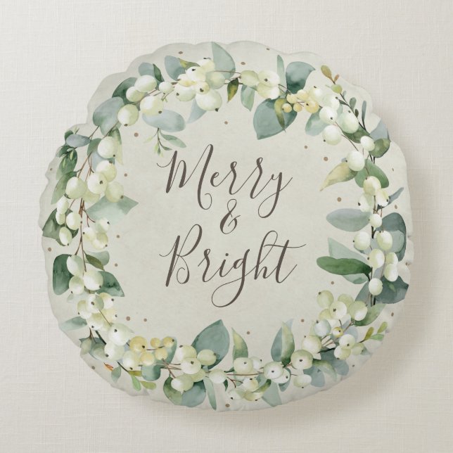Coussins Ronds Crème Snowberry + Eucalyptus Noël Wreath (Devant)