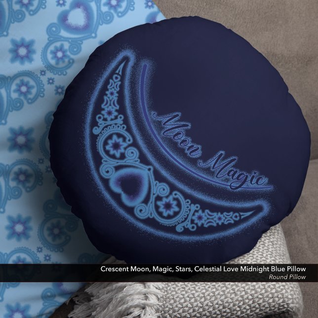 Coussins Ronds Crescent Moon Magic Stars Celestial Midnight Blue (Crescent Moon Magic Stars Celestial Love Midnight Blue Round Pillow)