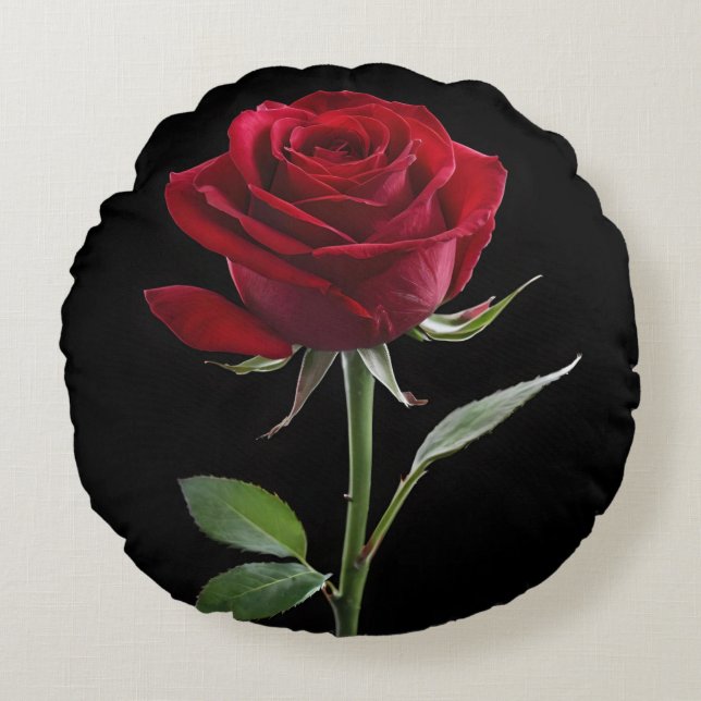Coussins Ronds Crimson sur Ebène : La Rose Rouge Unique, (Devant)