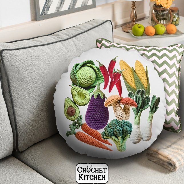 Coussins Ronds Crochet coloré Légumes Champignons Alimentation Ar (Créateur téléchargé)