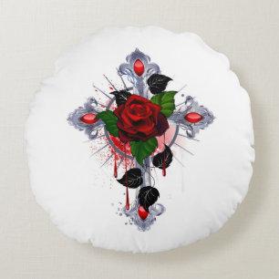 Coussins Ronds Croix d'argent avec une rose rouge