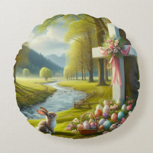 Coussins Ronds Croix de Pâques avec lapin et oeufs