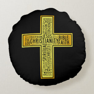 Coussins Ronds Croix d'or chrétienne - conception de texte