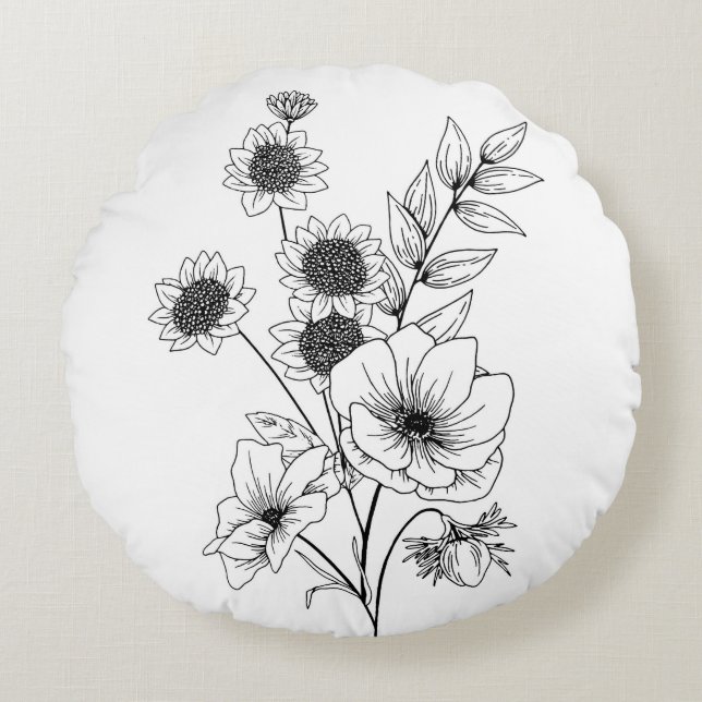 Coussins Ronds Croquis de fleur  (Devant)