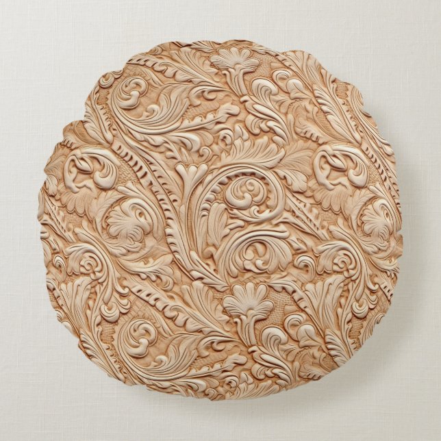 Coussins Ronds Cuir vintage beige sculpté (Devant)