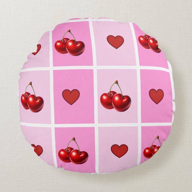 Coussins Ronds Custom Cherry Heart Checkerboard Pattern (Devant)