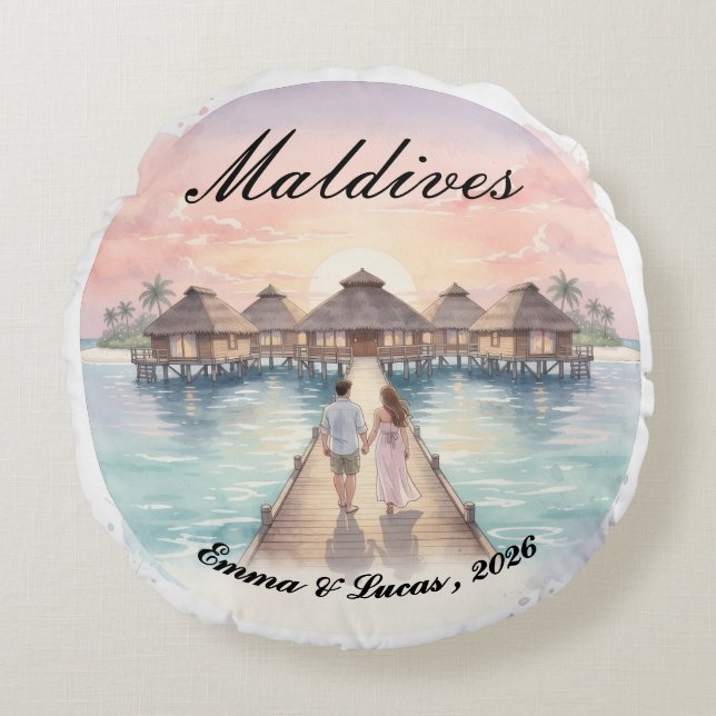 Coussins Ronds Custom Couple Maldives Honeymoon Keepsake (Devant)