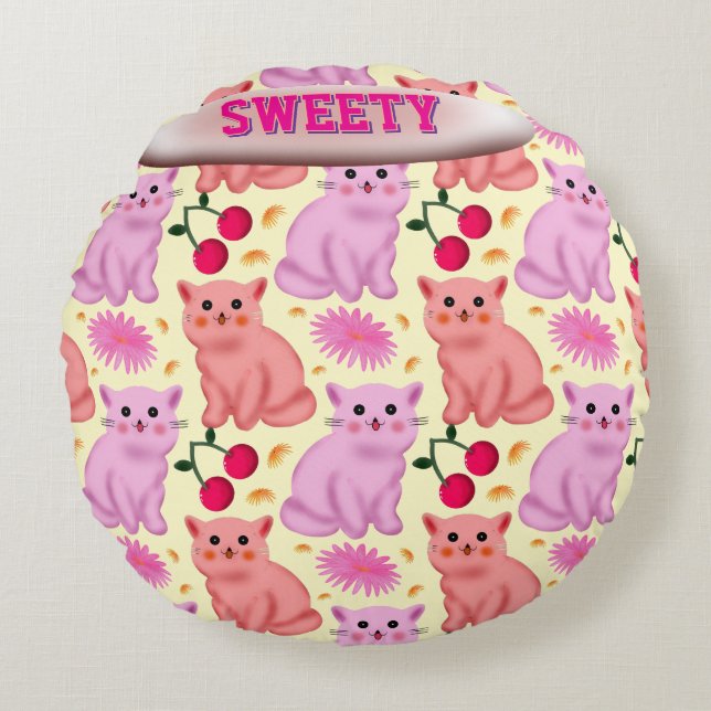 Coussins Ronds Custom Cute Cat Cherry Floral Pattern (Devant)
