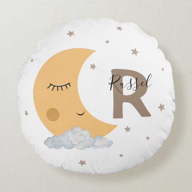 Coussins Ronds Custom Name Moon Nursery Pillow in Brown Tan Cute (Devant)
