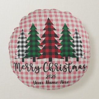 Coussins Ronds Customizable Plaid Merry Christmas Round Pillow