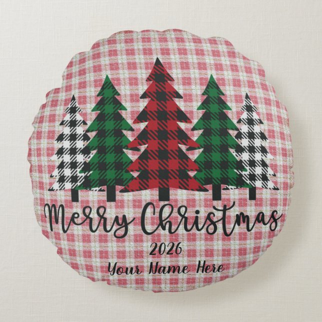 Coussins Ronds Customizable Plaid Merry Christmas Round Pillow (Devant)