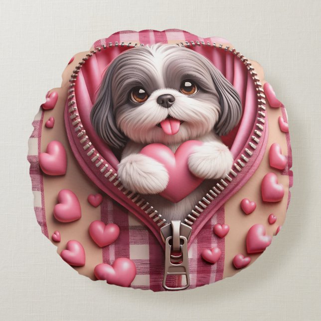 Coussins Ronds Cute 3D Shih Tzu dans un Arrière - plan rose et bl (Devant)