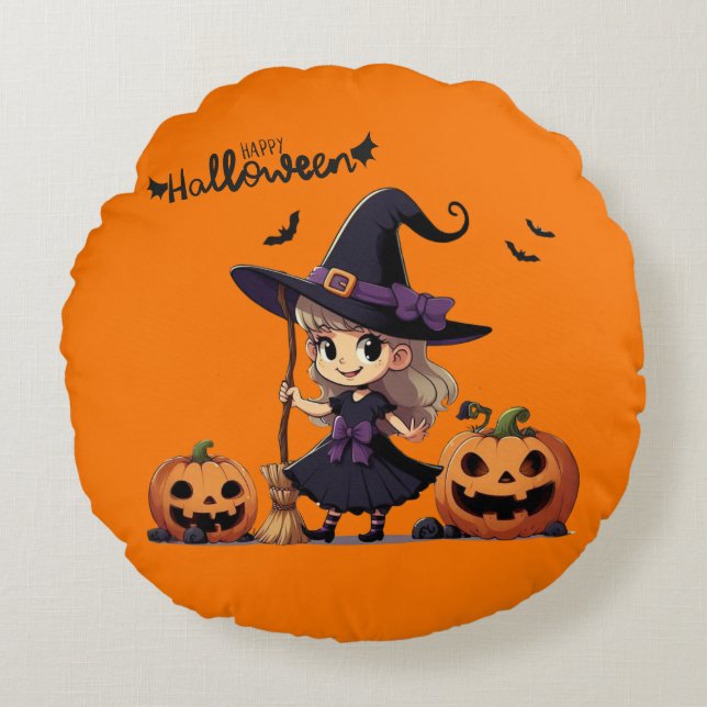 Coussins Ronds Cute, anime sorcière Halloween (Devant)