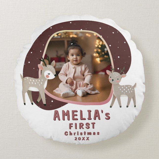 Coussins Ronds Cute Baby's 1st Christmas Photo Reindeer (Devant)