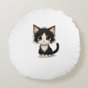 Coussins Ronds Cute Big-Eyed Kitten - Chibi Chat noir et blanc