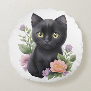 Coussins Ronds Cute Black Chat Floral Whimsical