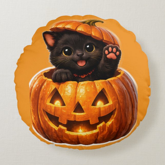 Coussins Ronds Cute black kitten and jack-o'-lantern spooky sweet (Devant)