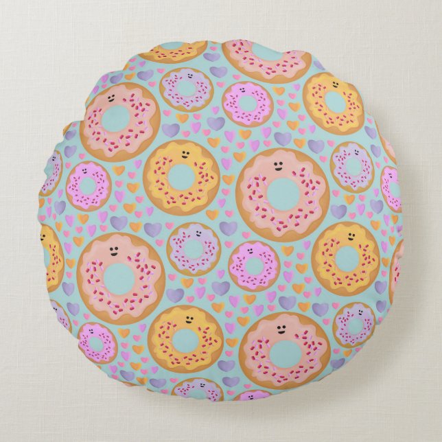 Coussins Ronds Cute Blue Pink Pastel Donuts & Hearts (Devant)