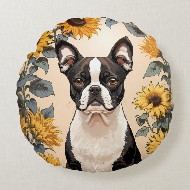 Coussins Ronds Cute Boston Terrier Yellow Sunflowers (Devant)