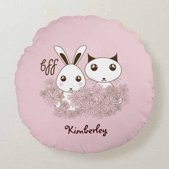 Coussins Ronds Cute Bunny Kitten Animal Amis Filles roses Enfants (Devant)